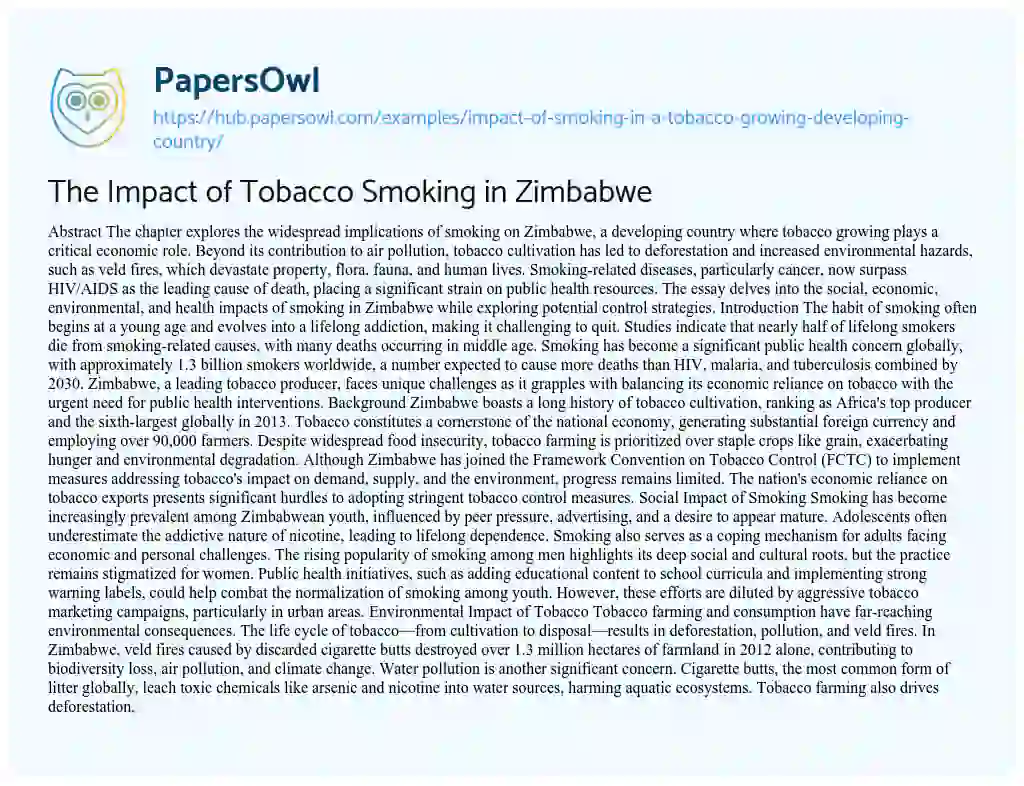 Essay on The Impact of Tobacco Smoking in Zimbabwe