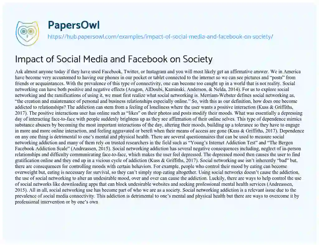 Essay on Impact of Social Media and Facebook on Society