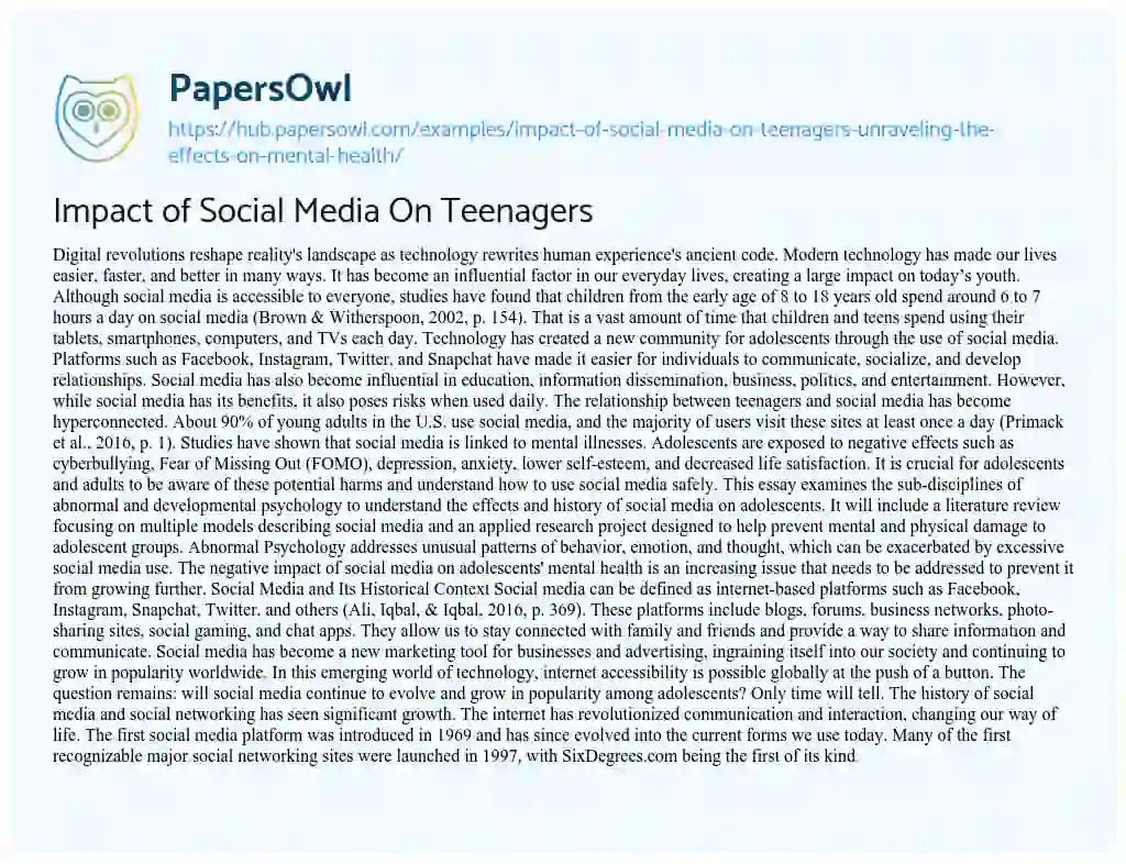 Essay on Impact of Social Media On Teenagers