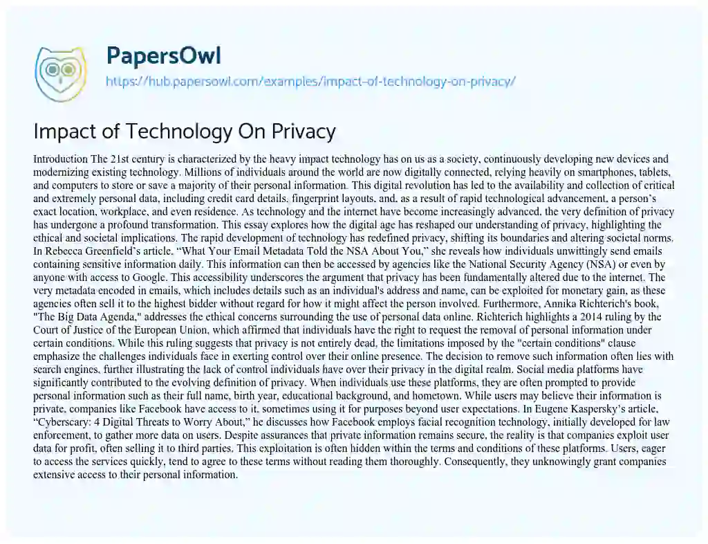 Essay on Impact of Technology On Privacy
