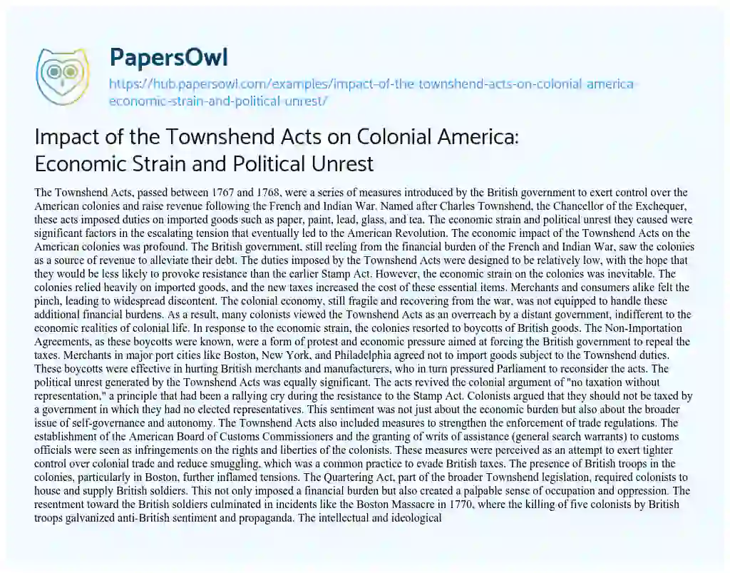 Essay on Impact of the Townshend Acts on Colonial America: Economic Strain and Political Unrest