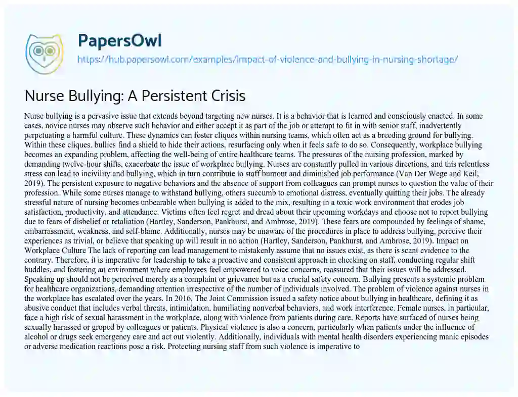 Essay on Nurse Bullying: A Persistent Crisis
