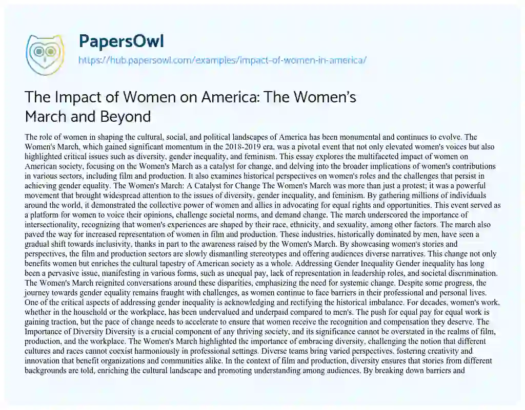 Essay on The Impact of Women on America: The Women’s March and Beyond