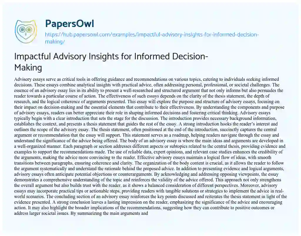 Essay on Impactful Advisory Insights for Informed Decision-Making