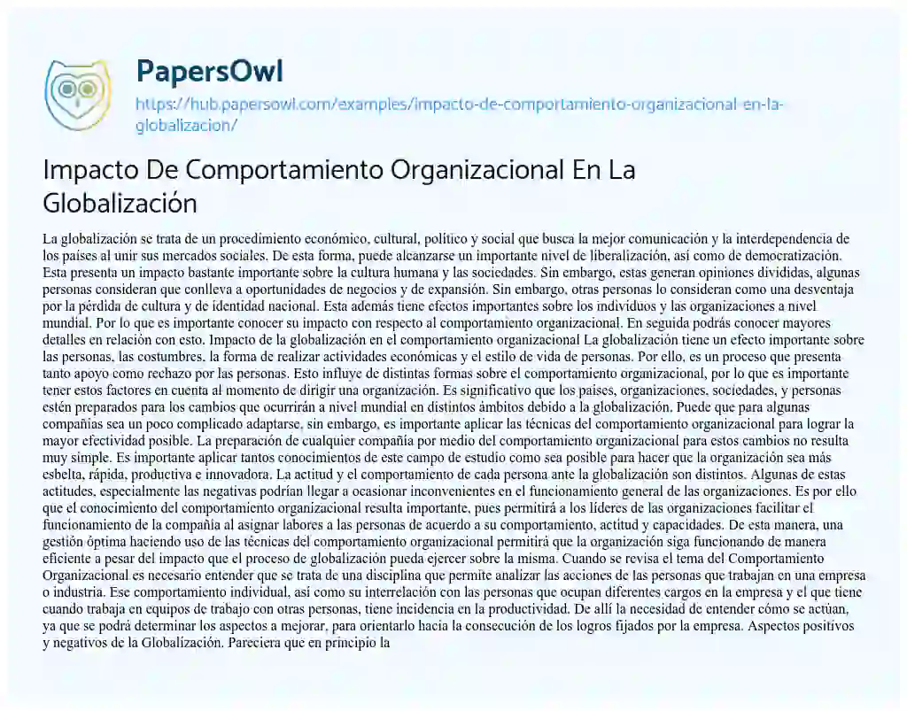 Essay on Impacto De Comportamiento Organizacional En La Globalización