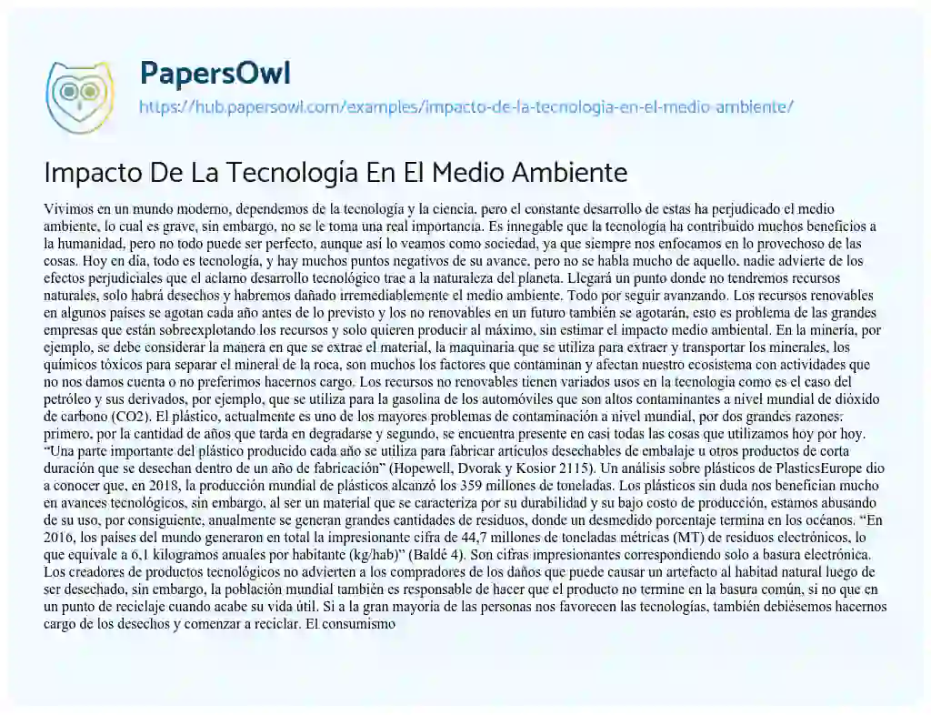 Essay on Impacto De La Tecnología En El Medio Ambiente