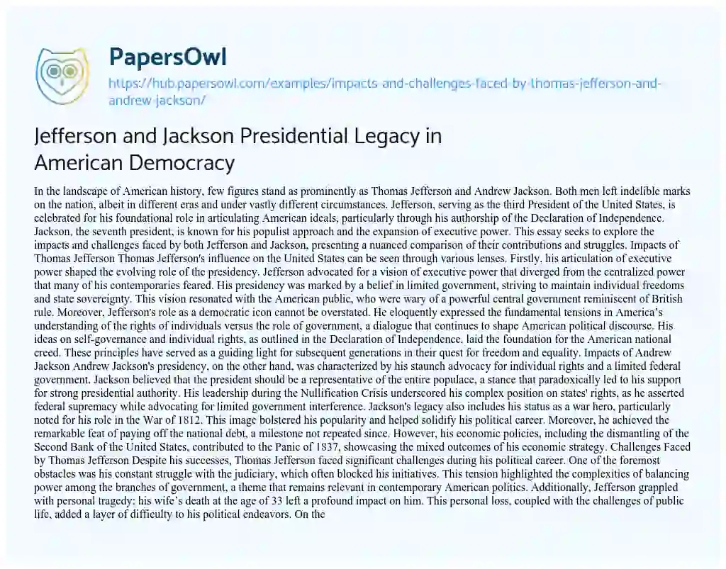 Essay on Jefferson and Jackson Presidential Legacy in American Democracy