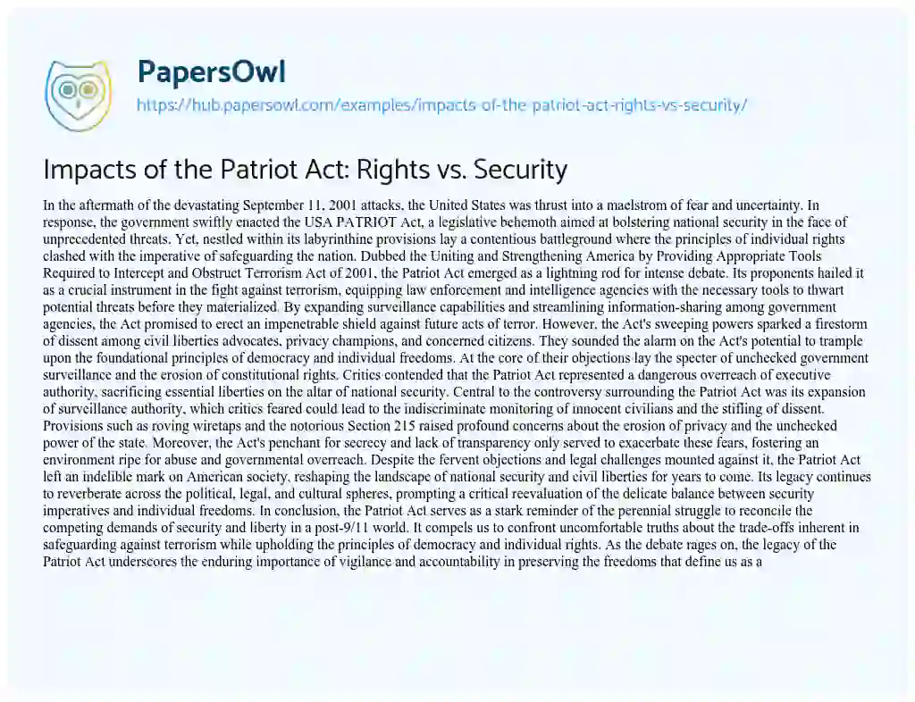 Essay on Impacts of the Patriot Act: Rights vs. Security