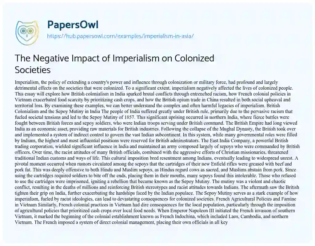 Essay on The Negative Impact of Imperialism on Colonized Societies