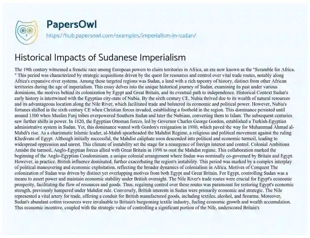 Essay on Historical Impacts of Sudanese Imperialism