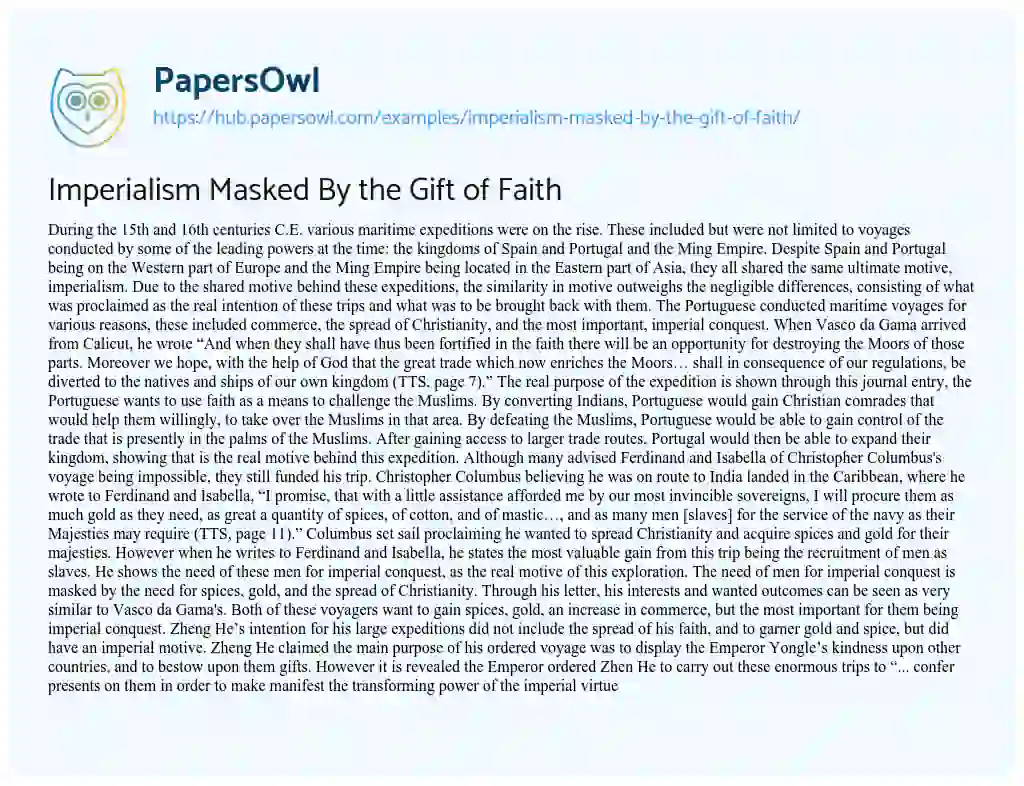 Essay on Imperialism Masked By the Gift of Faith