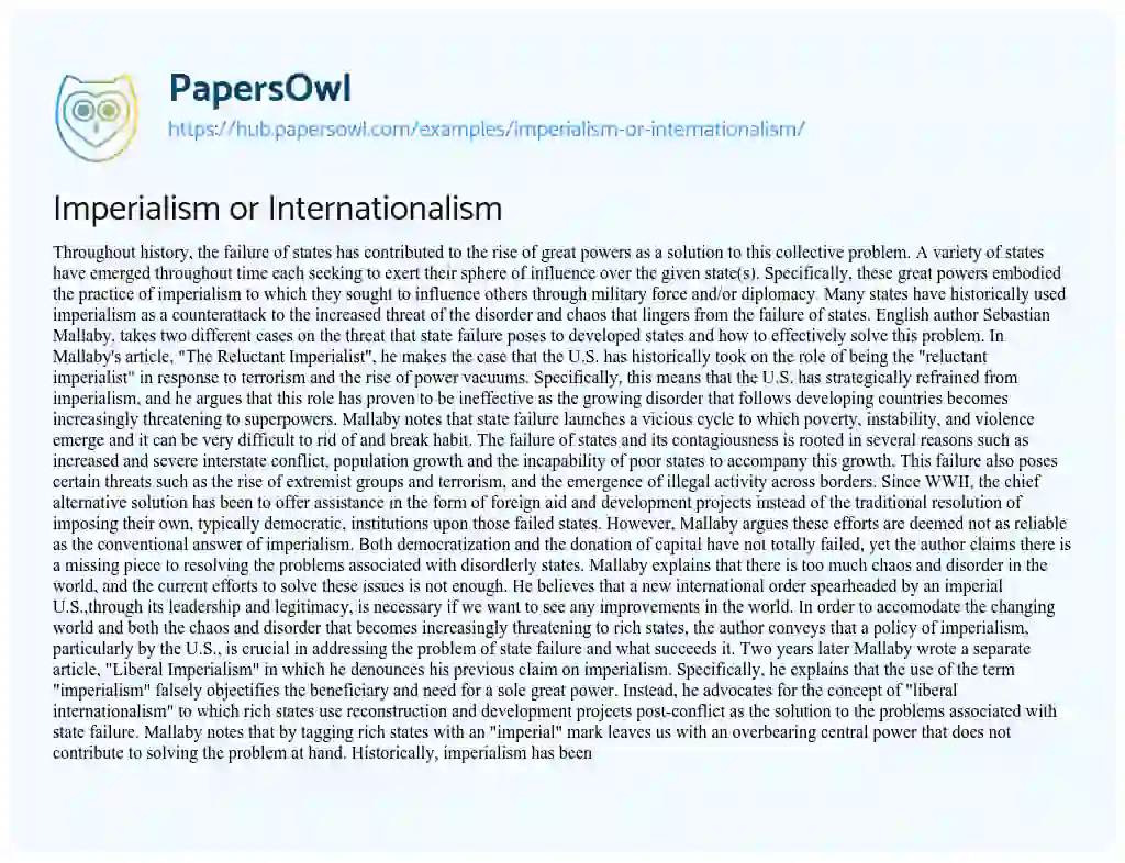 Essay on Imperialism or Internationalism