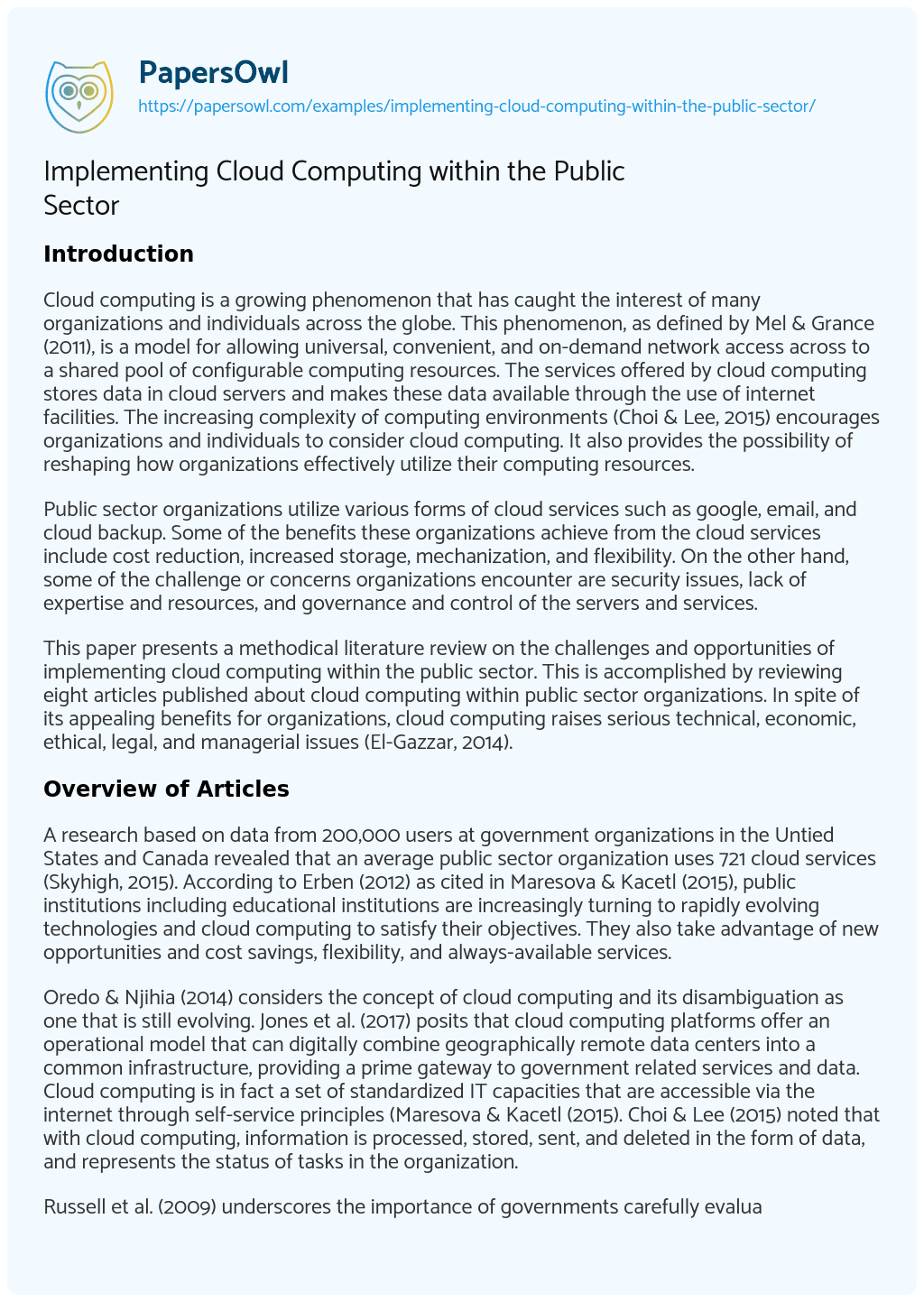 Essay on Implementing Cloud Computing within the Public Sector