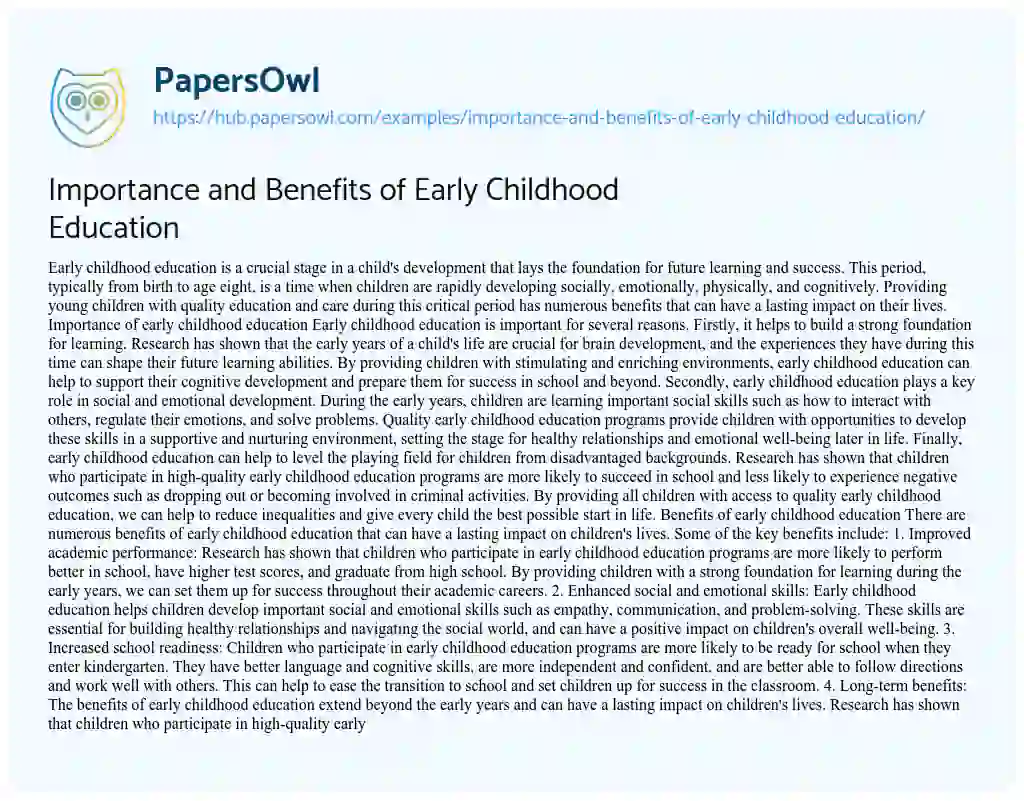 Essay on Importance and Benefits of Early Childhood Education