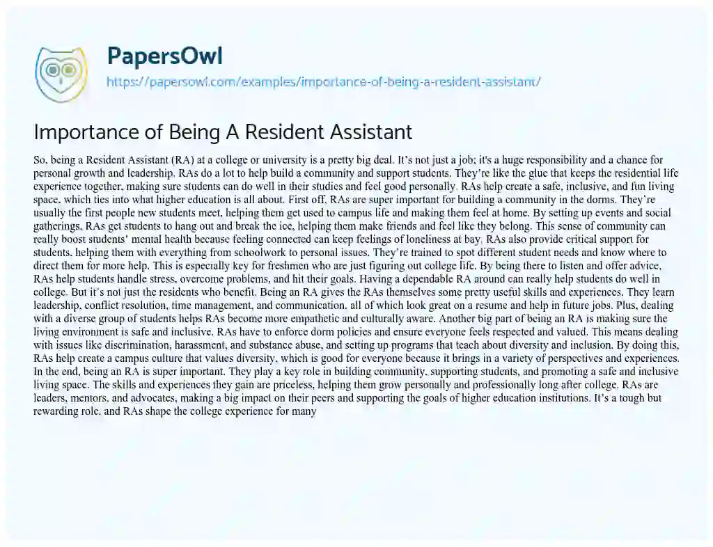 Essay on Importance of Being A Resident Assistant
