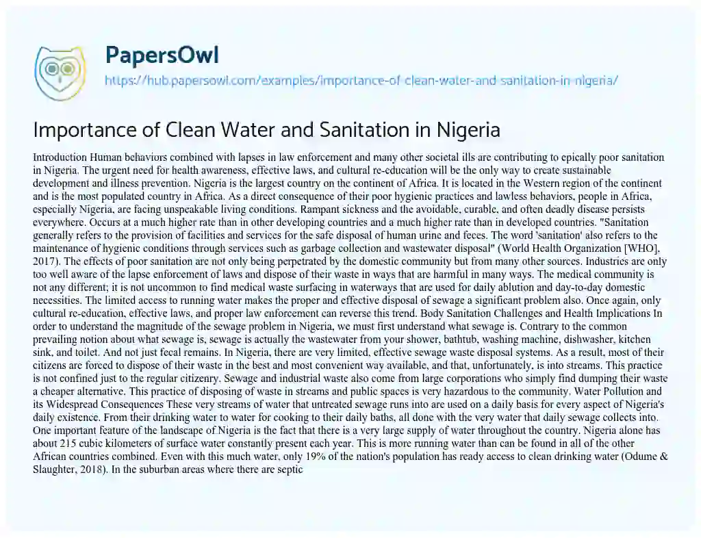 Essay on Importance of Clean Water and Sanitation in Nigeria