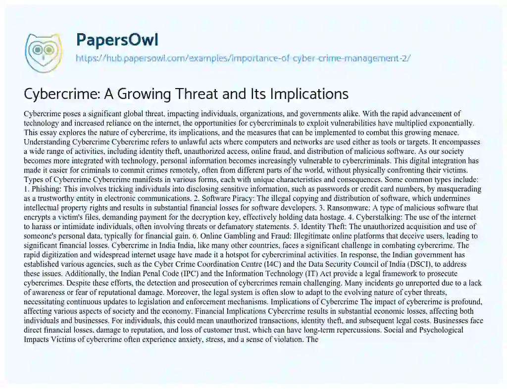 Essay on Cybercrime: A Growing Threat and Its Implications
