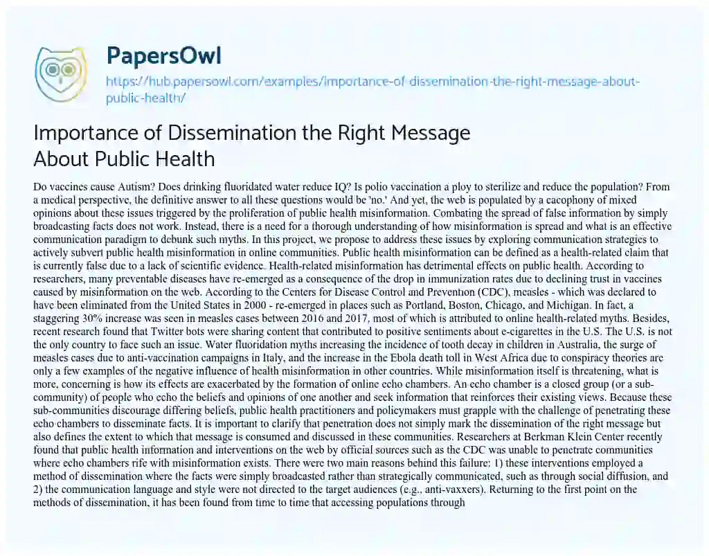 Essay on Importance of Dissemination the Right Message About Public Health