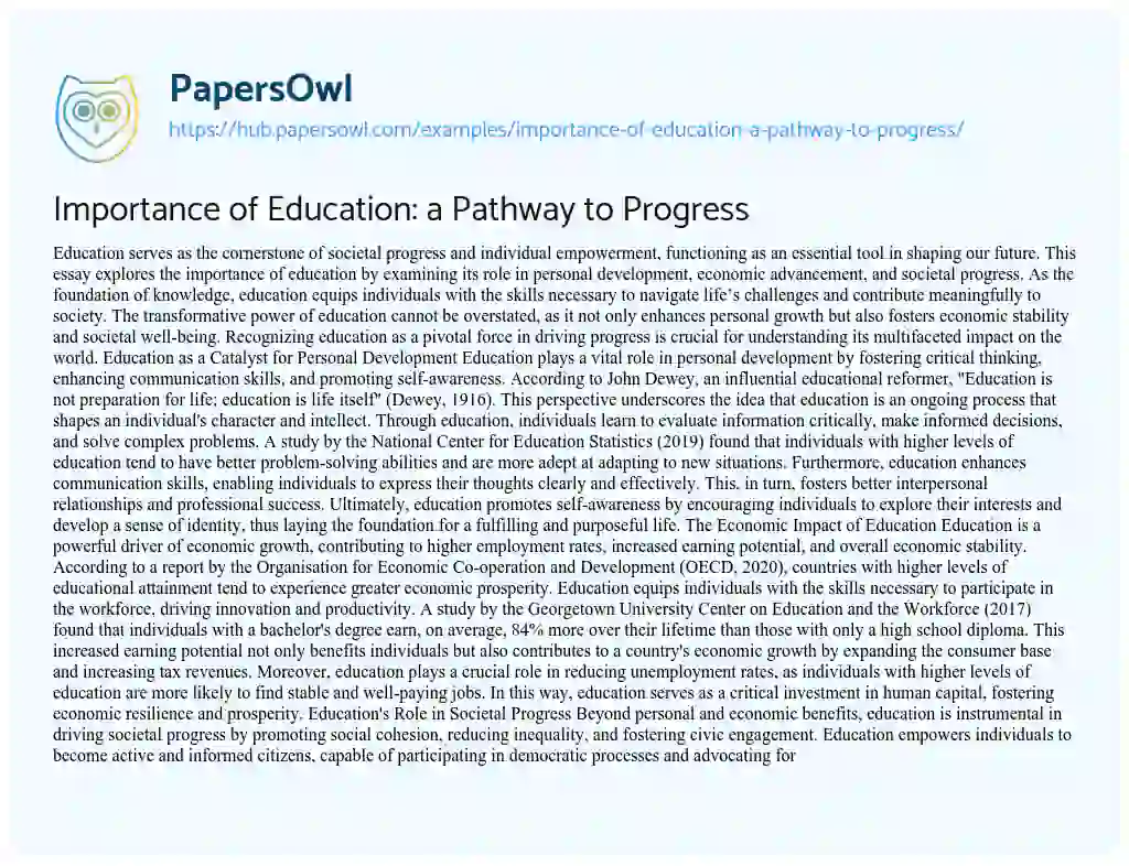 Essay on Importance of Education: a Pathway to Progress
