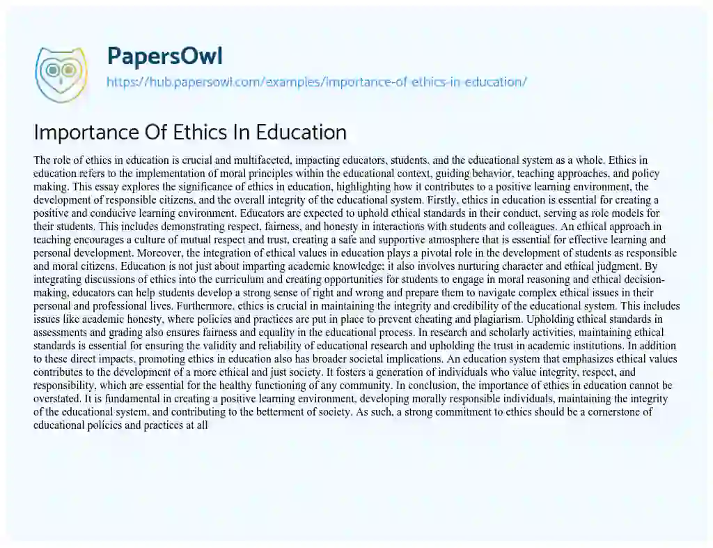 Essay on Importance Of Ethics In Education