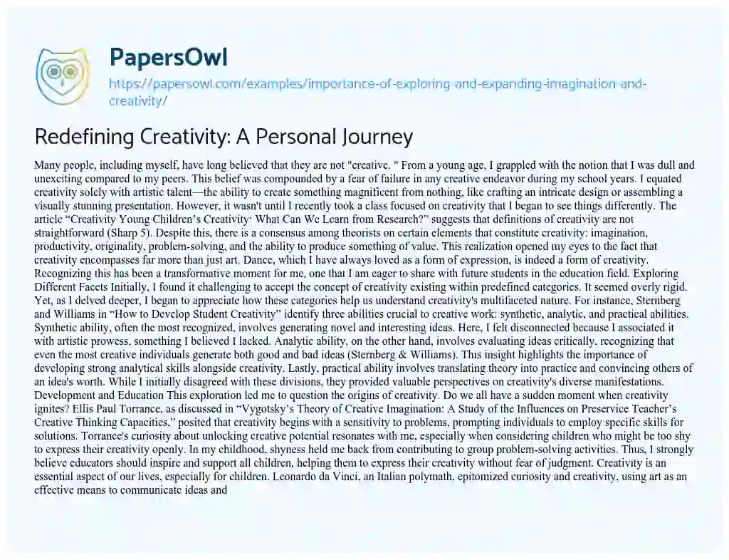Essay on Redefining Creativity: A Personal Journey