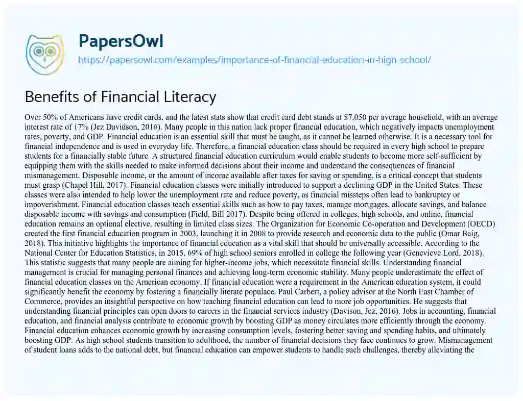 Essay on Benefits of Financial Literacy