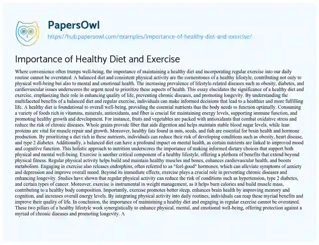Essay on Importance of Healthy Diet and Exercise