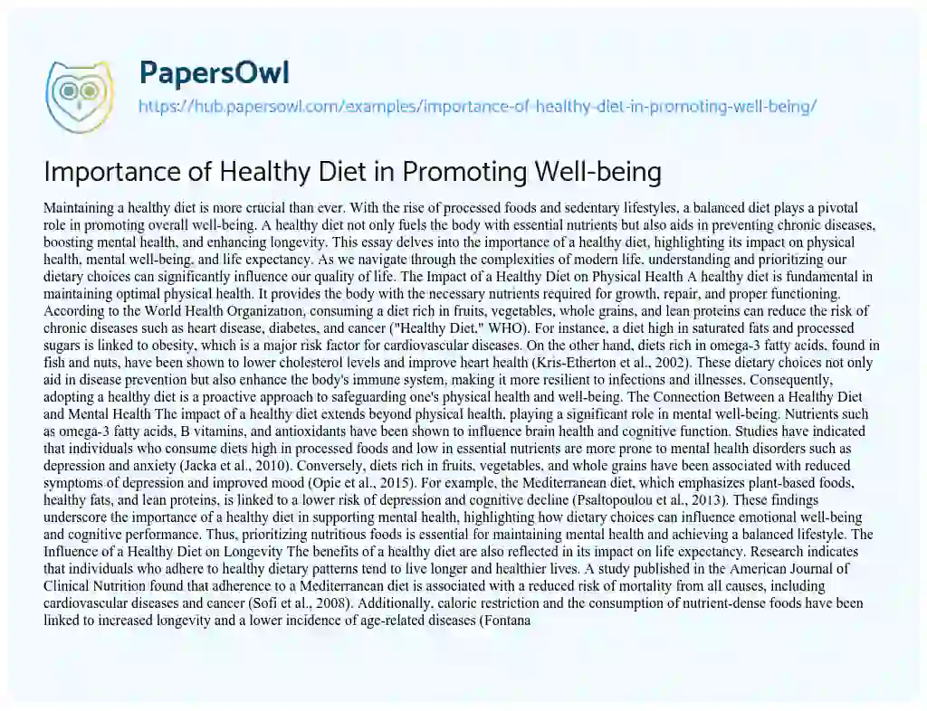Essay on Importance of Healthy Diet in Promoting Well-being