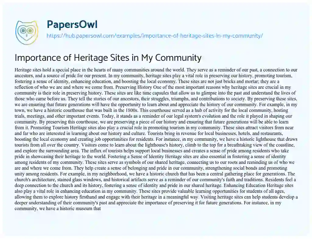 Essay on Importance of Heritage Sites in My Community