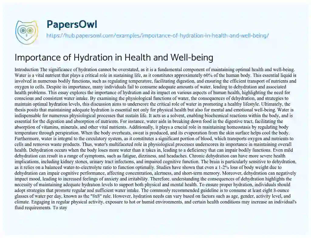 Essay on Importance of Hydration in Health and Well-being
