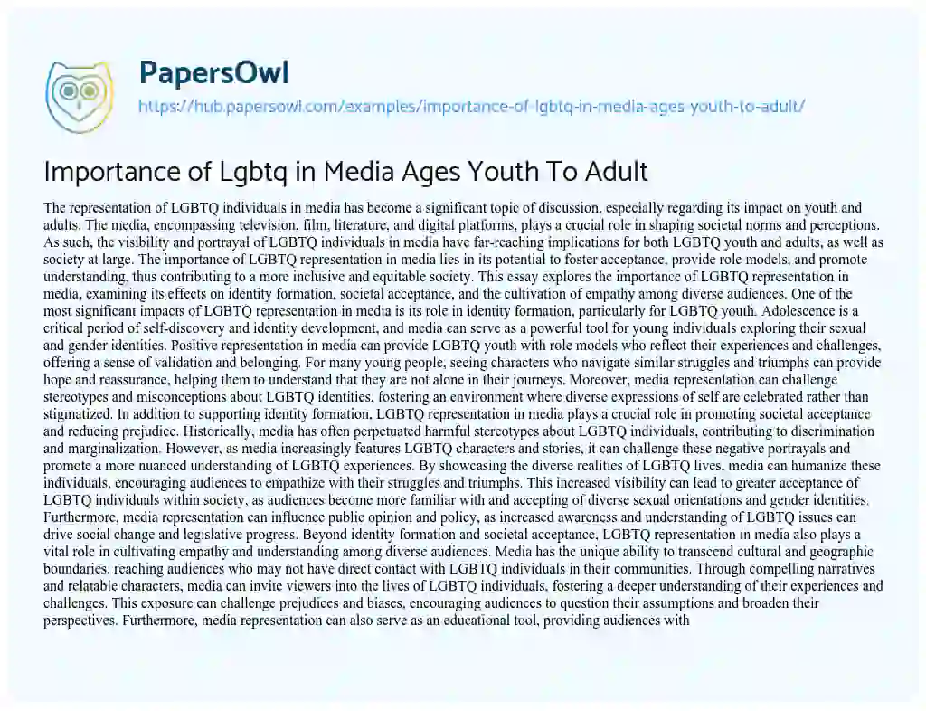 Essay on Importance of Lgbtq in Media Ages Youth To Adult