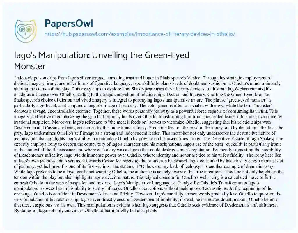 Essay on Iago’s Manipulation: Unveiling the Green-Eyed Monster