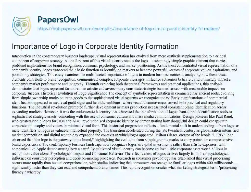 Essay on Importance of Logo in Corporate Identity Formation