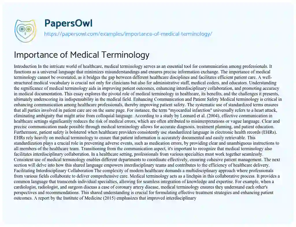 Essay on Importance of Medical Terminology