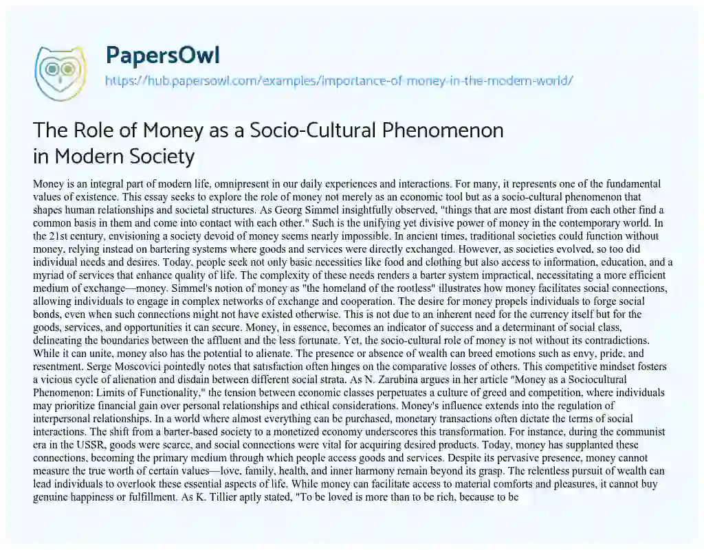 Essay on The Role of Money as a Socio-Cultural Phenomenon in Modern Society