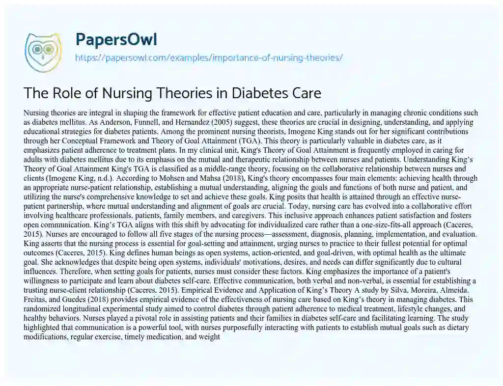 Essay on The Role of Nursing Theories in Diabetes Care