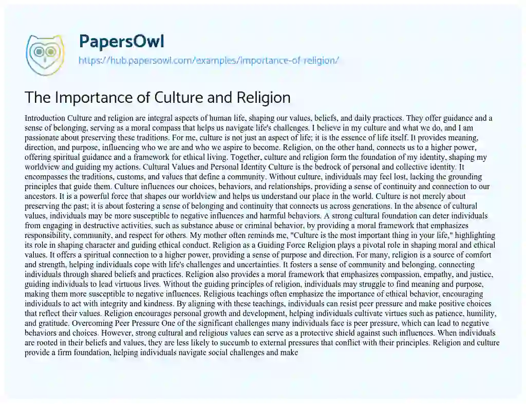 Essay on The Importance of Culture and Religion
