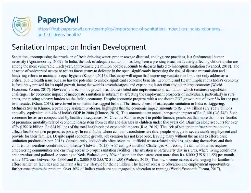 Essay on Sanitation Impact on Indian Development
