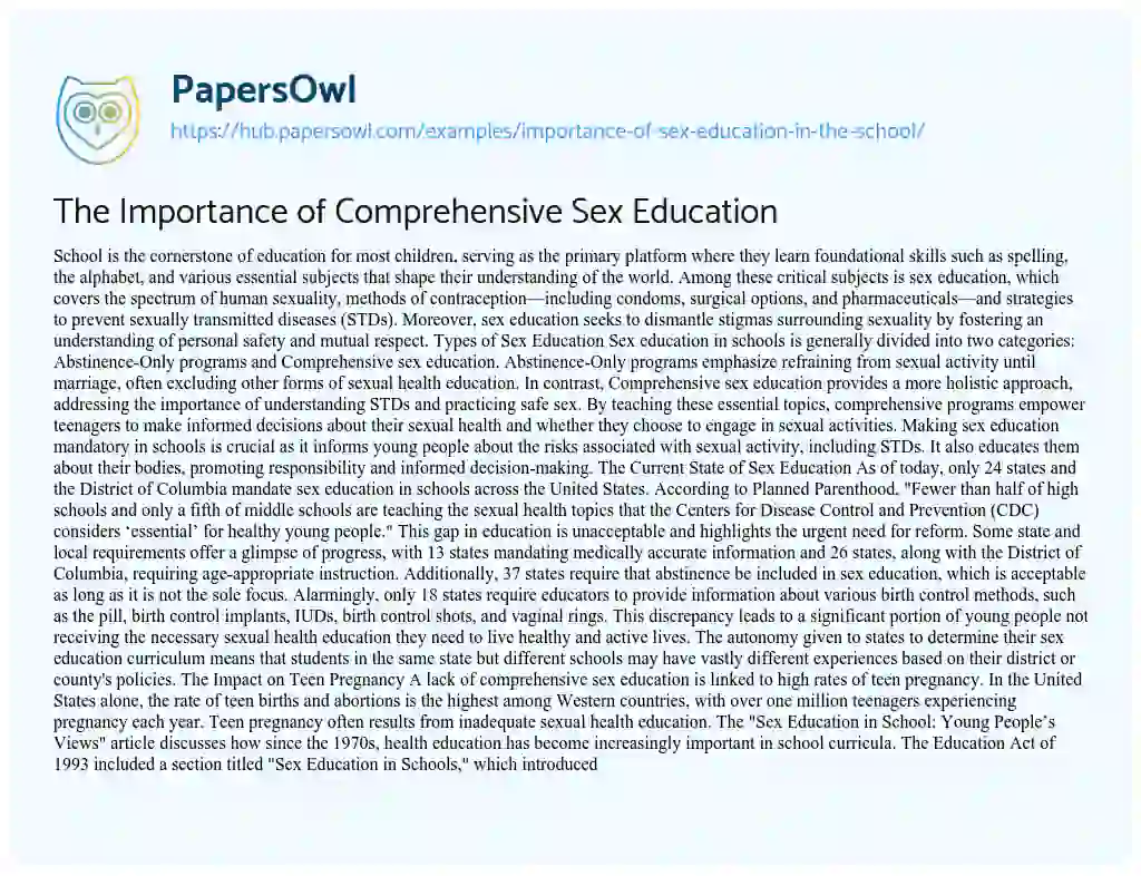 Essay on The Importance of Comprehensive Sex Education