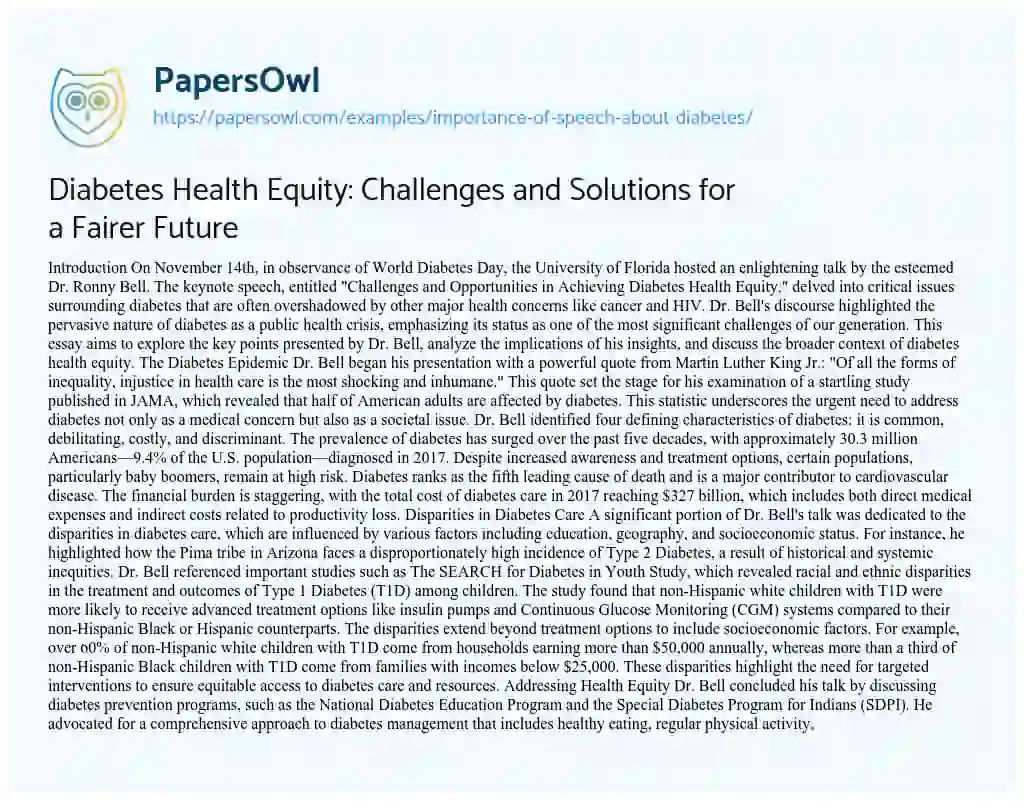 Essay on Diabetes Health Equity: Challenges and Solutions for a Fairer Future
