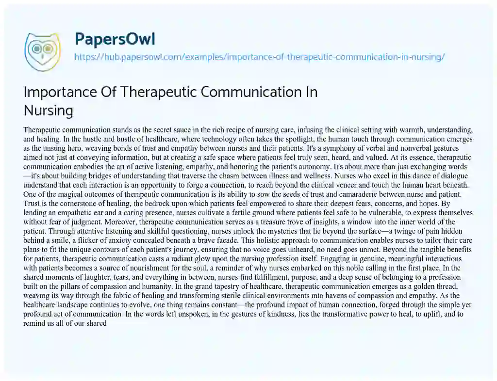 Essay on Importance Of Therapeutic Communication In Nursing