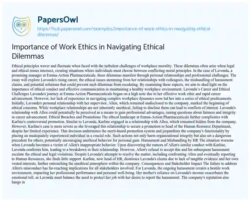 Essay on Importance of Work Ethics in Navigating Ethical Dilemmas