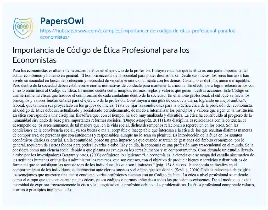 Essay on Importancia de Código de Ética Profesional para los Economistas