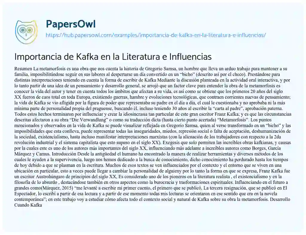 Essay on Importancia de Kafka en la Literatura e Influencias
