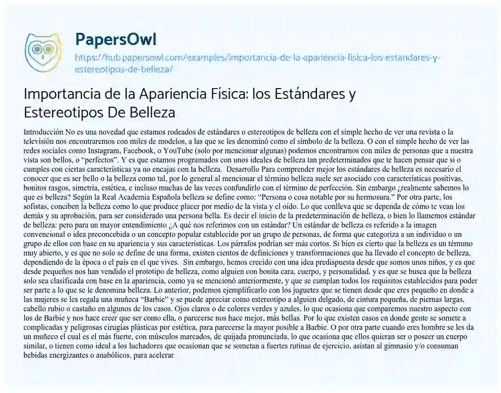 Essay on Importancia de la Apariencia Física: los Estándares y Estereotipos De Belleza