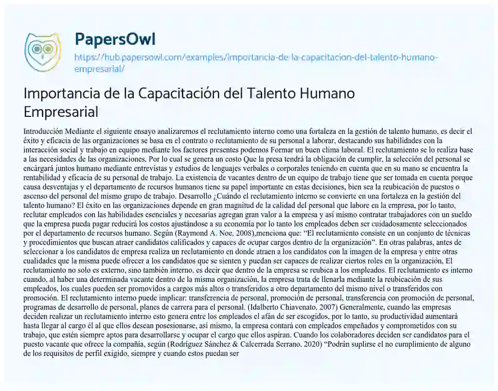 Essay on Importancia de la Capacitación del Talento Humano Empresarial