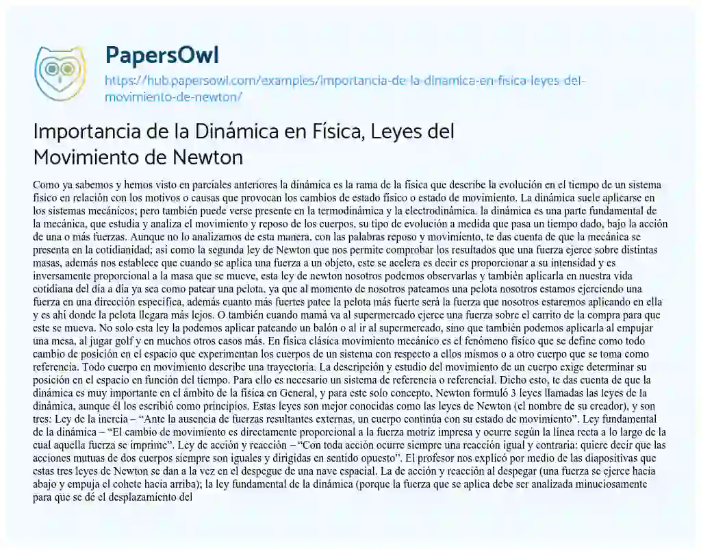 Essay on Importancia de la Dinámica en Física, Leyes del Movimiento de Newton