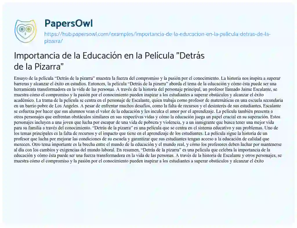 Essay on Importancia de la Educación en la Película “Detrás de la Pizarra”
