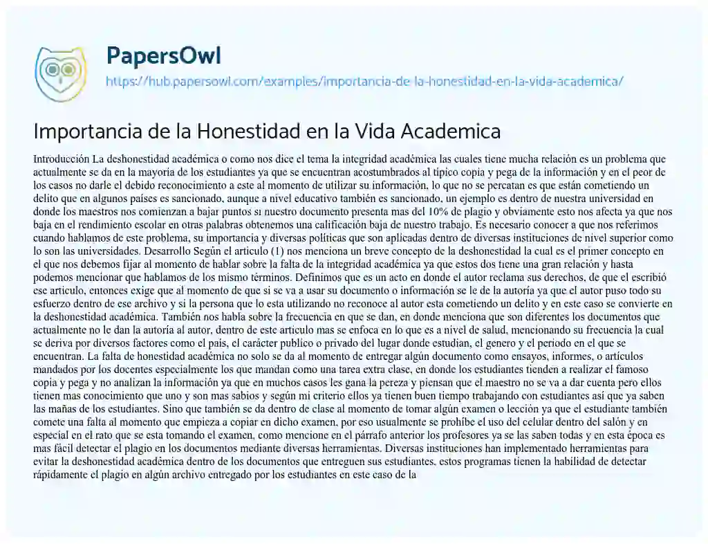Essay on Importancia de la Honestidad en la Vida Academica