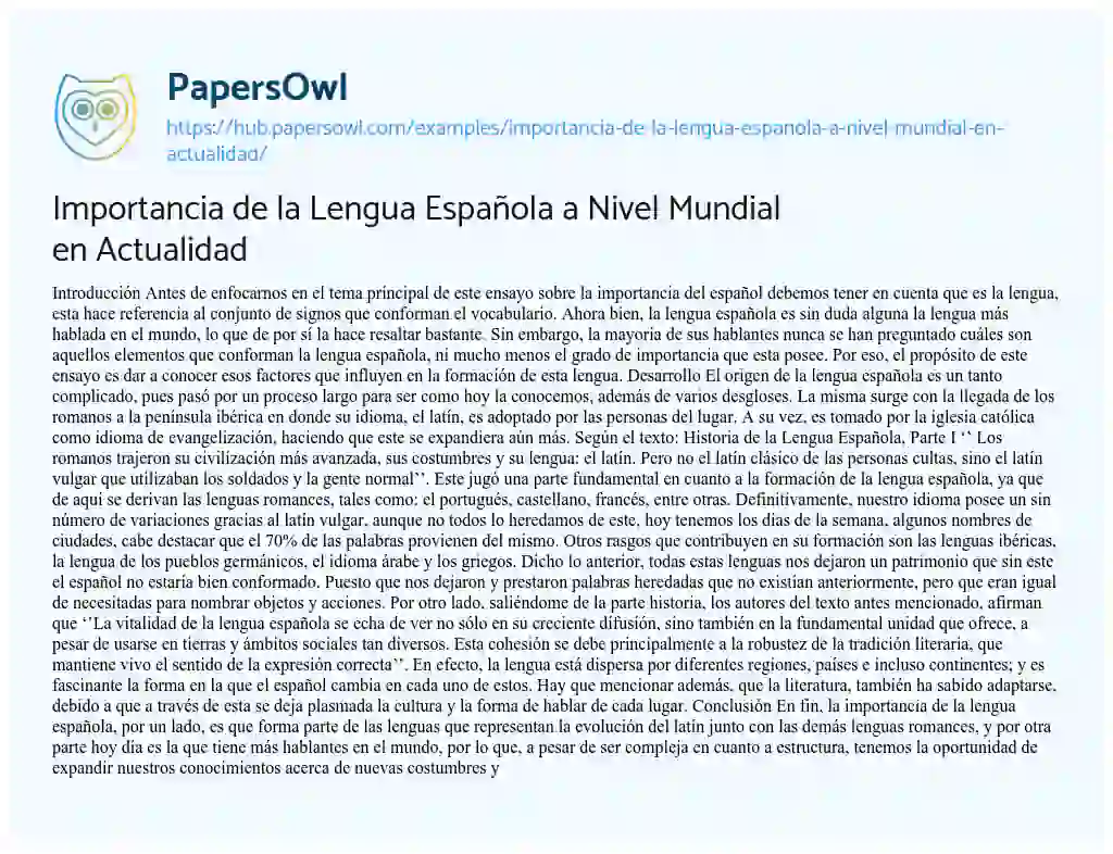 Essay on Importancia de la Lengua Española a Nivel Mundial en Actualidad